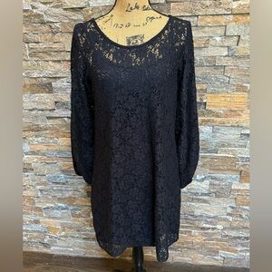 Laundry Black Floral Lace Gathered Long Sleeved Dress Whimsigoth Sz 10 LBD